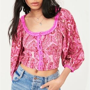 Free People velvet Corset Style Pink Paisley Cropped Ruffle Women's Top Small